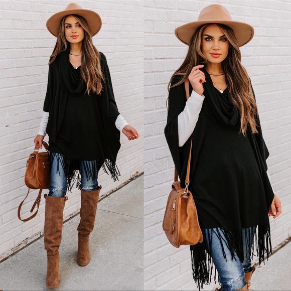 Love Stitch Sweaters - NWT Vici Novia Fringe Knit Poncho - Black